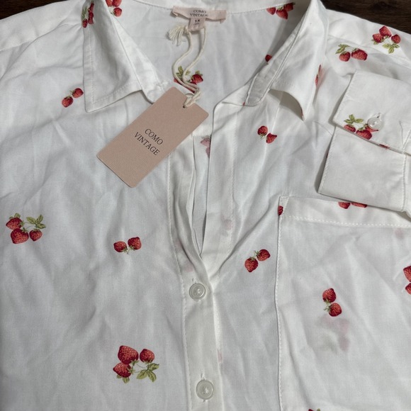 Como Vintage Womens Plus Size 1X Strawberries Button-Up Shirt L/S Roll Tab NWT - Picture 3 of 6